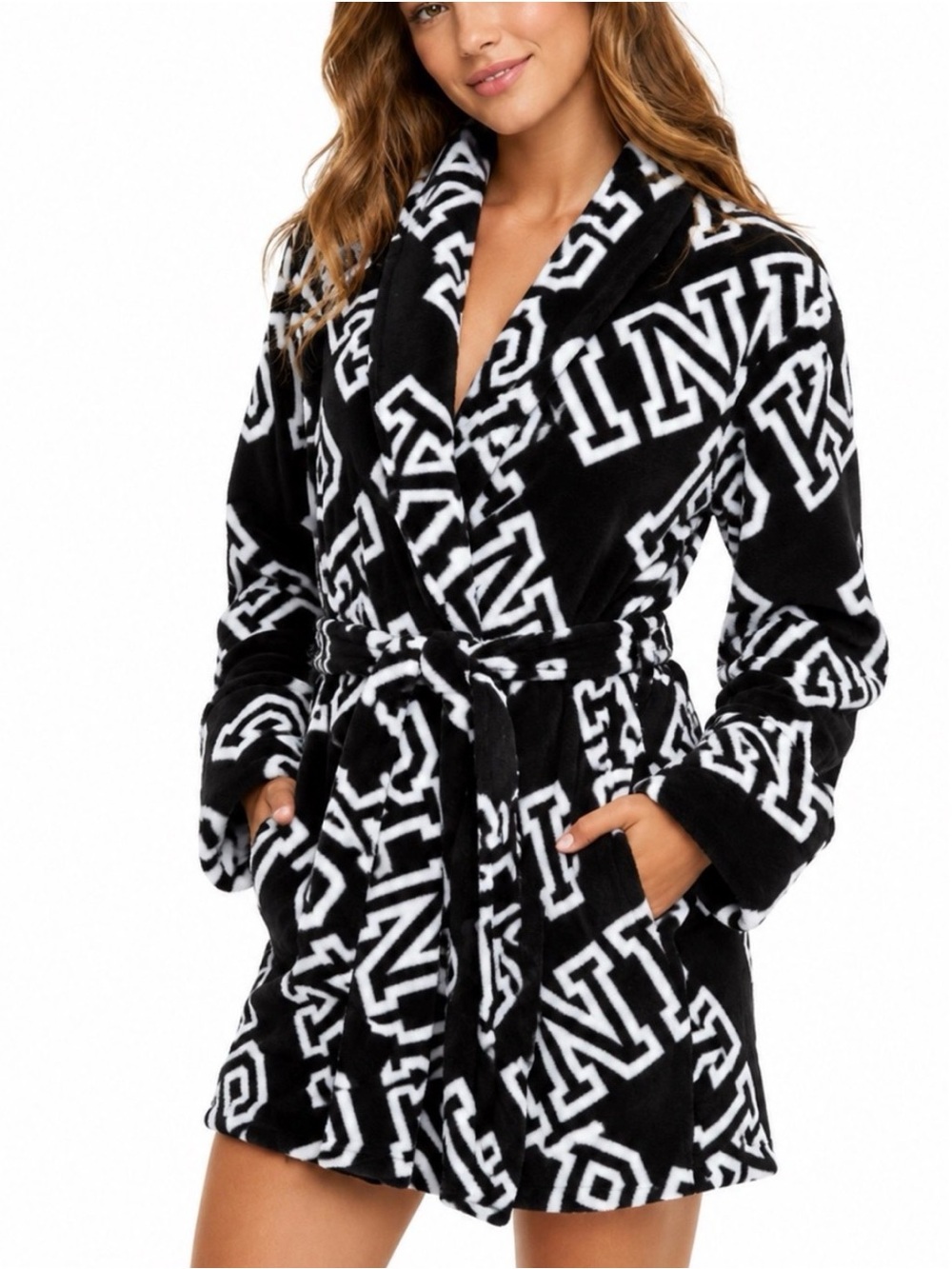 Victoria's Secret PINK Robe Black White Logo Soft Comfy Fleece Short Women XS/S